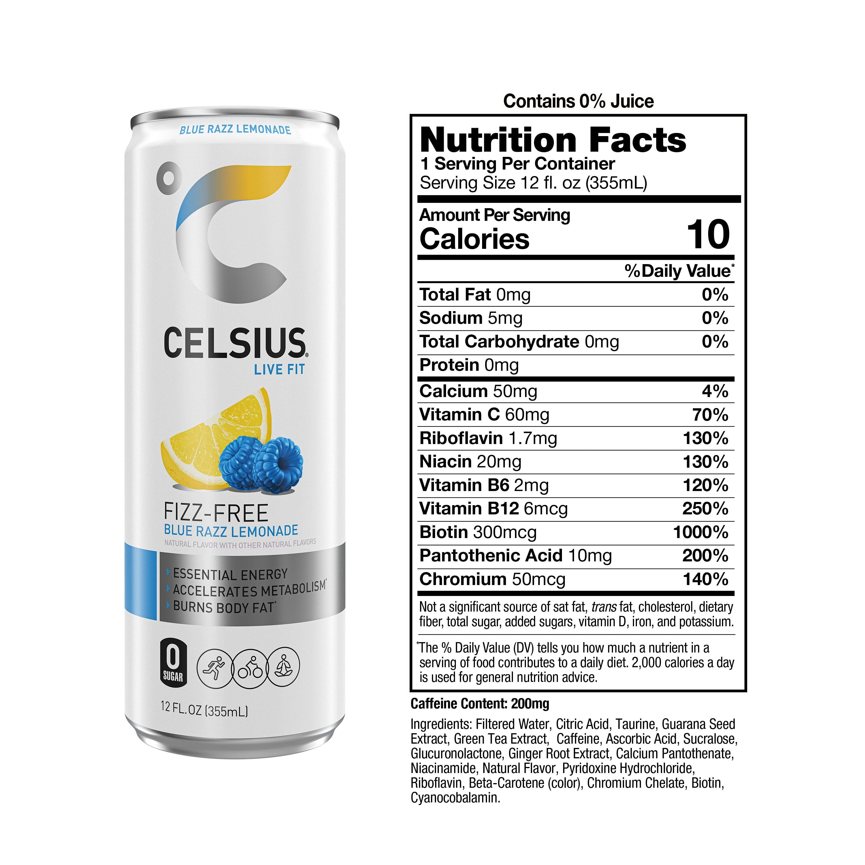 CELSIUS Fizz Free Blue Razz Lemonade Functional Energy Drink 12 fl oz Single Can