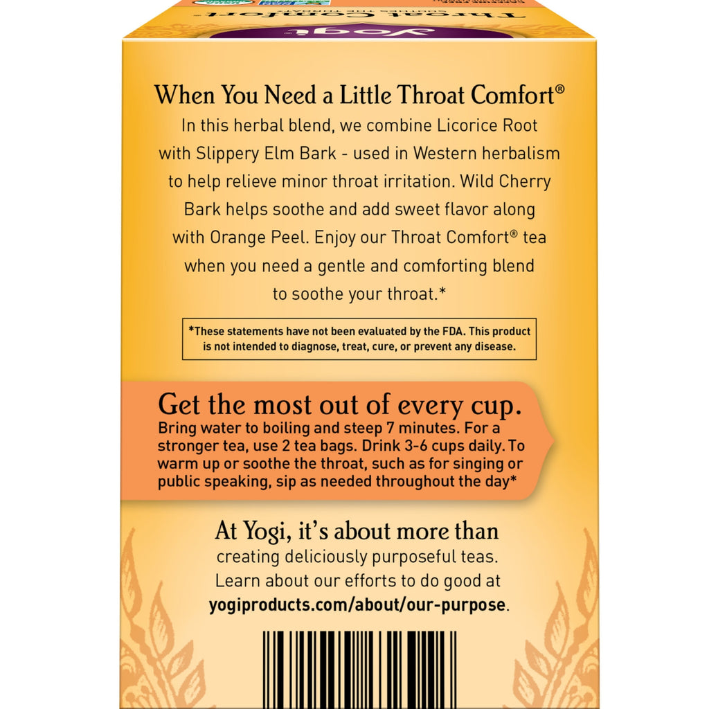 Yogi Throat Comfort Organic Herbal Wellness Tea Bags Caffeine-Free 16 Count