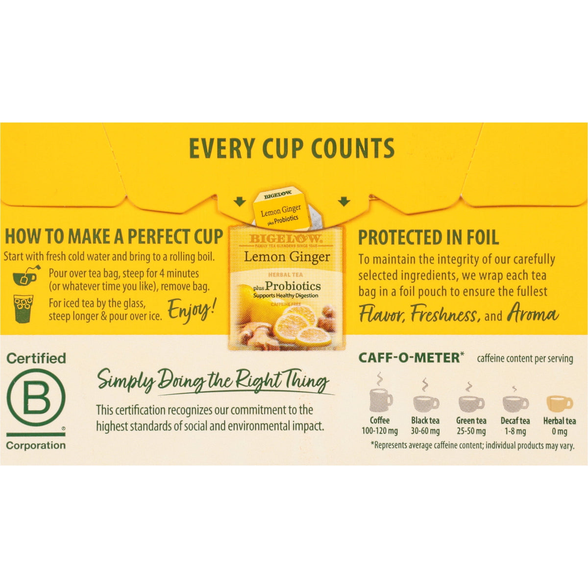 Bigelow Tea Lemon Ginger Plus Probiotics Caffeine-Free Herbal Tea Bags 18 Count