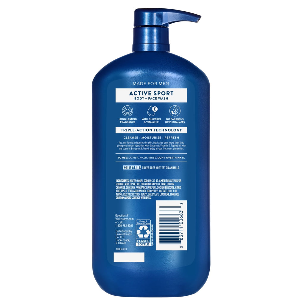 Suave Men Active Sport 2-in-1 Body & Face Wash with Glycerin & Vitamin E 30 fl oz