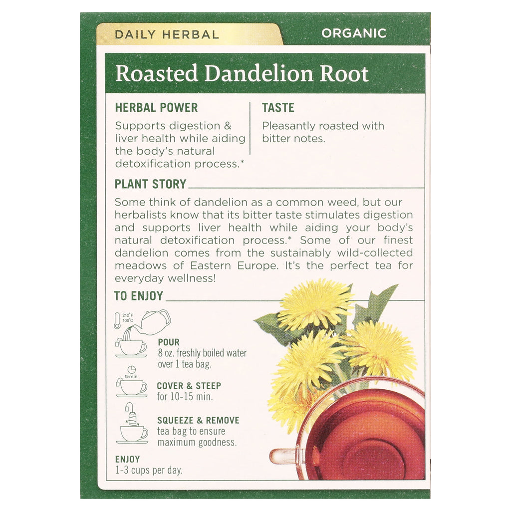 Traditional Medicinals Organic Roasted Dandelion Root Herbal Tea Bags Caffeine Free 16 Count