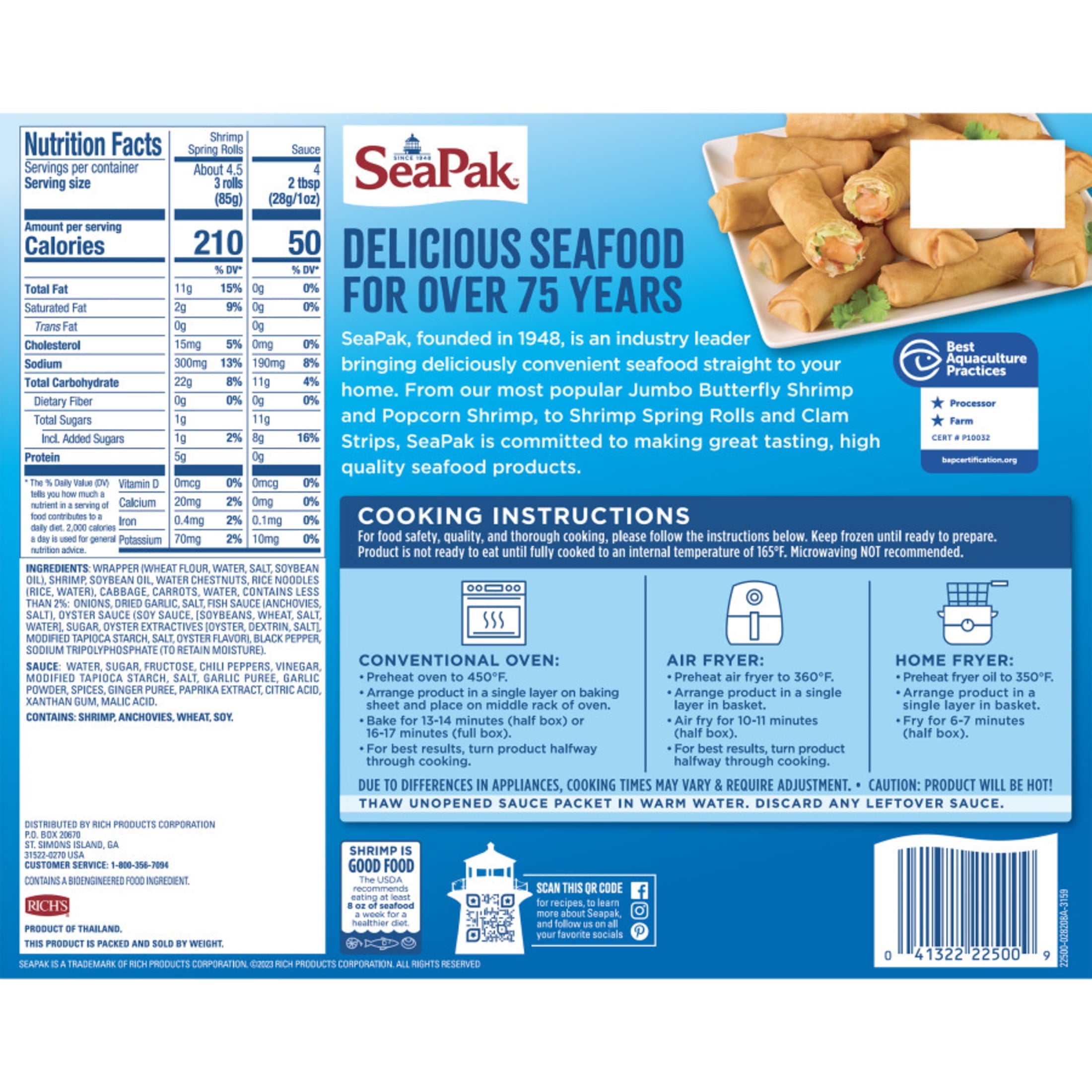 SeaPak Shrimp Spring Rolls Sweet Thai Chili Sauce Frozen 18 Oz 14 Count