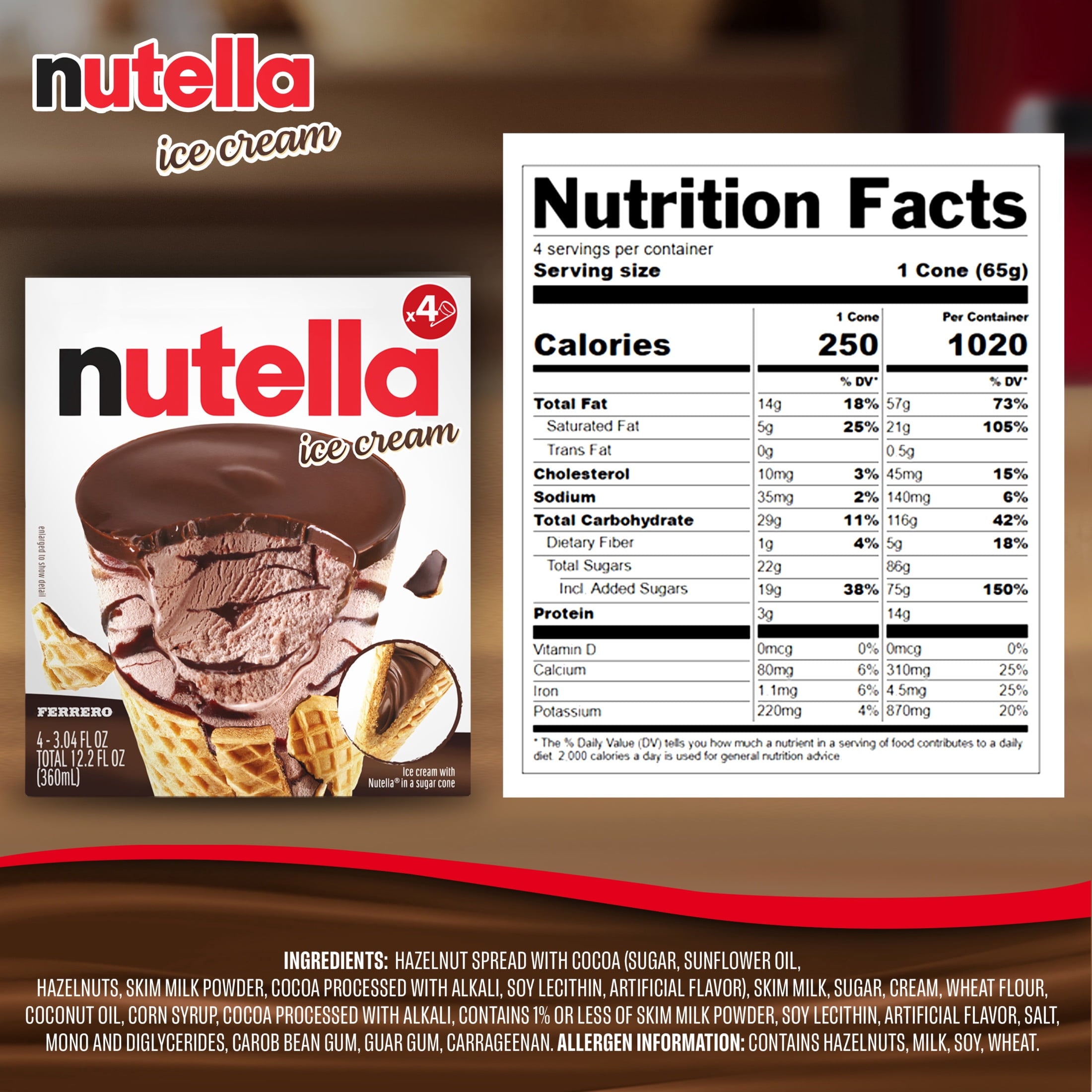 Nutella Hazelnut Flavored Ice Cream Cones 4 Count 12.2 Fl Oz