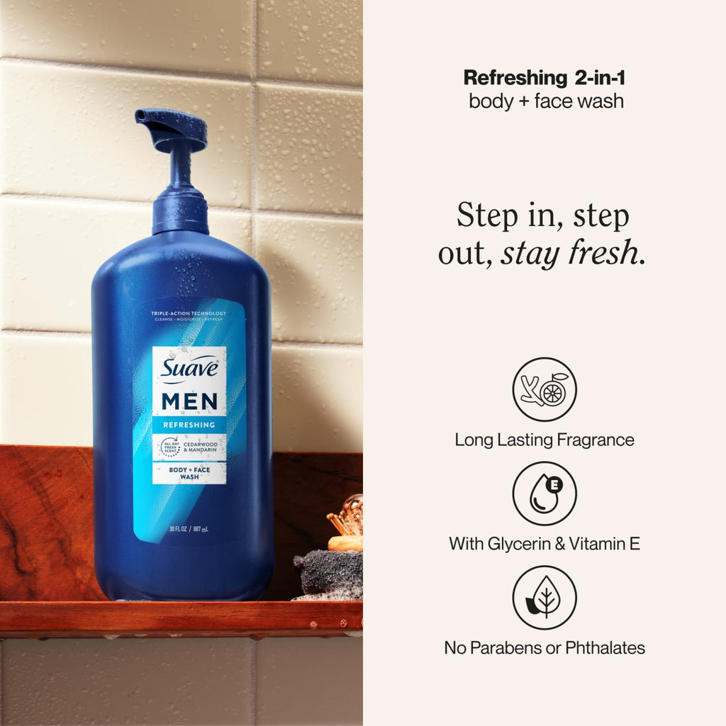 Suave Men Refreshing 2-in-1 Body & Face Wash Moisturizing Skin Cleanser 30 fl oz