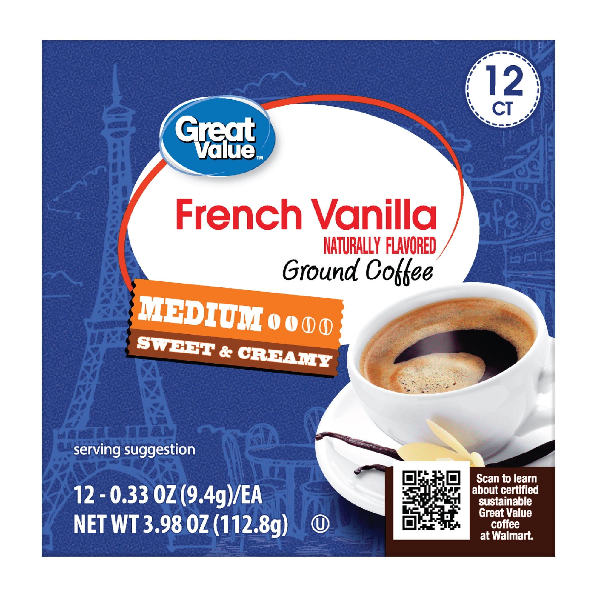 Great Value 100% Arabica French Vanilla Medium Roast Ground Coffee Pods 12 Count