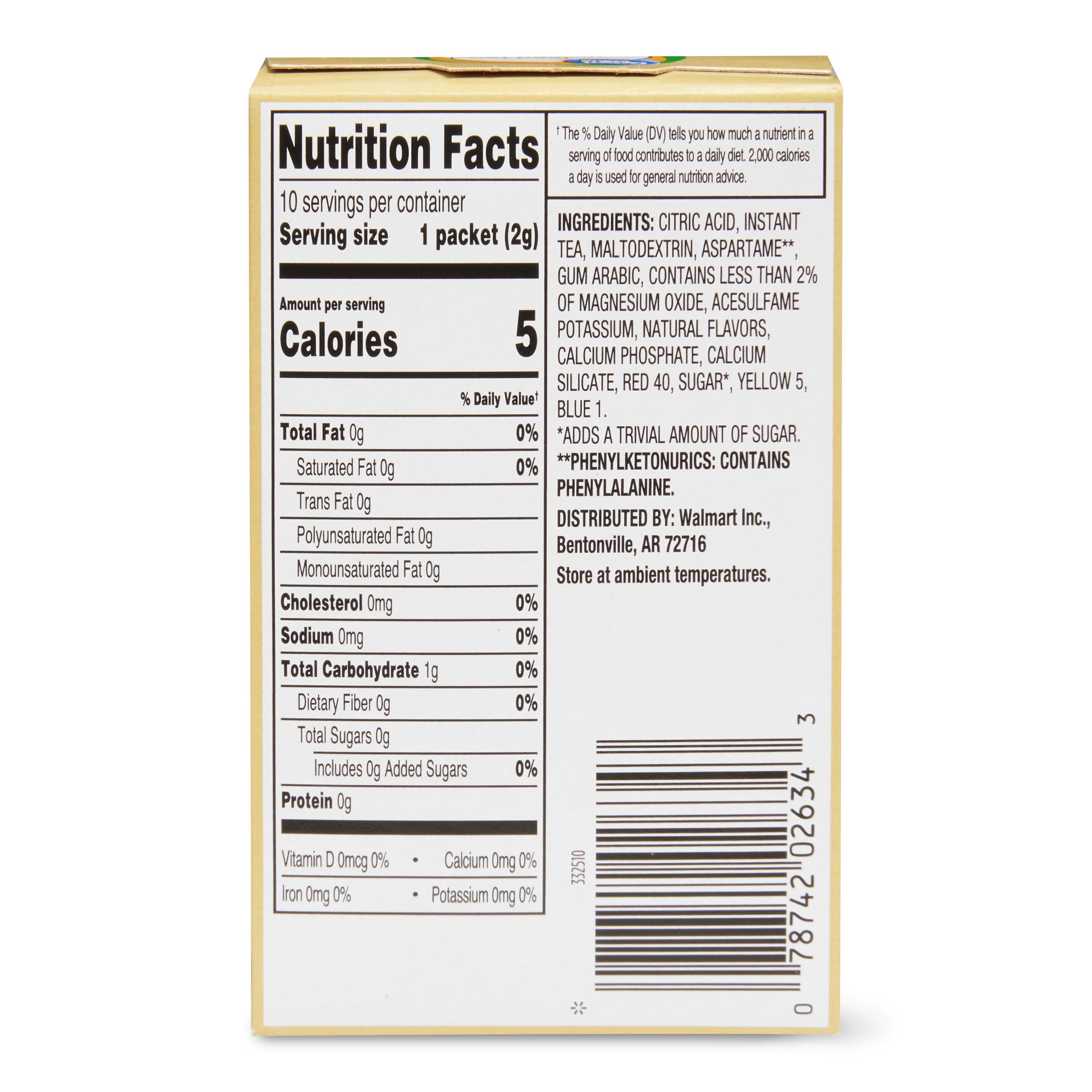 Great Value Sugar-Free Iced Tea with Lemon Naturally Decaffeinated Instant Drink Mix 0.07 oz 10 Count
