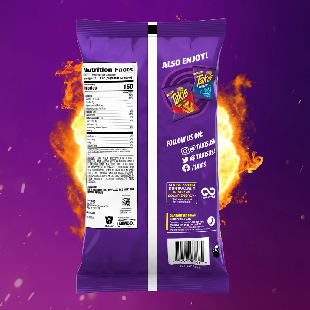 Hot Chili Pepper & Lime Flavored Rolled Tortilla Chips 9.9 Oz Takis
