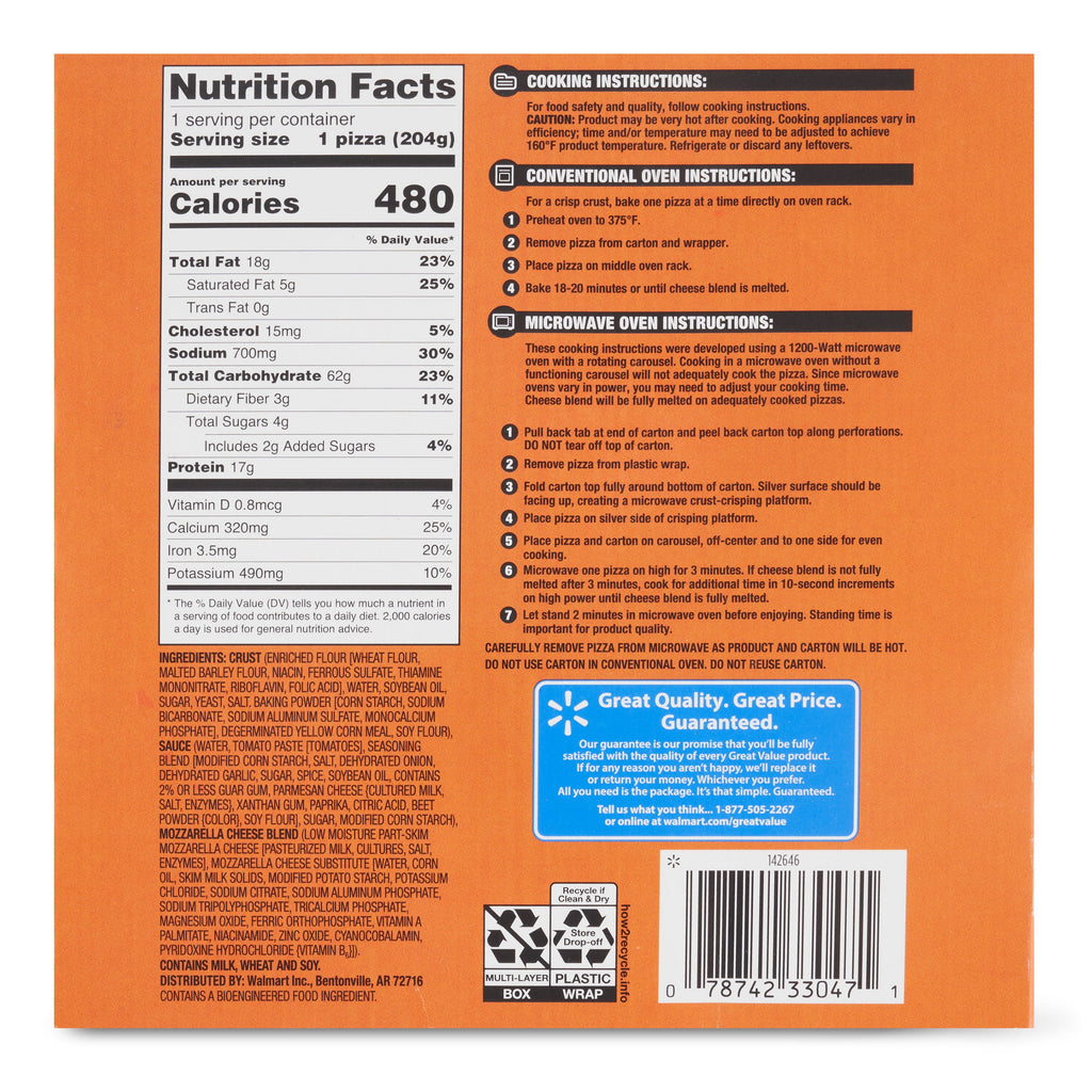 Great Value Thin Crust Cheese Pizza 7.2 Oz Frozen