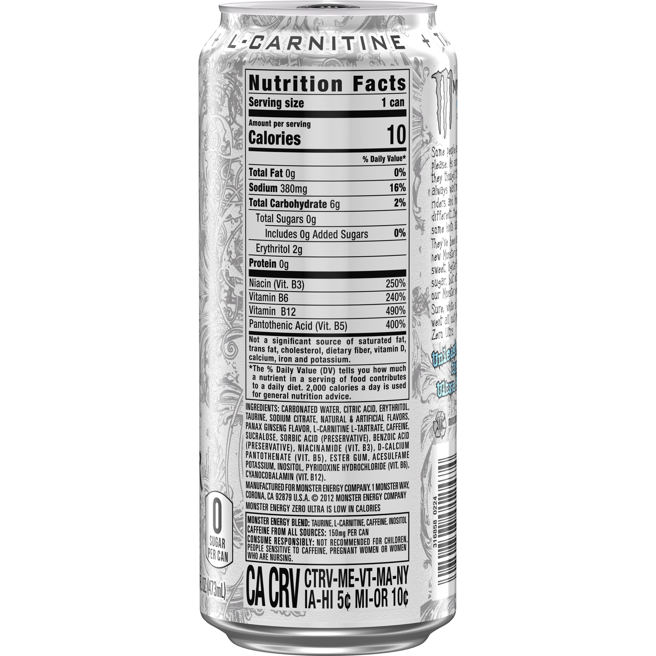 Monster Energy Zero Ultra Sugar Free Energy Drink 16 fl oz Single Can