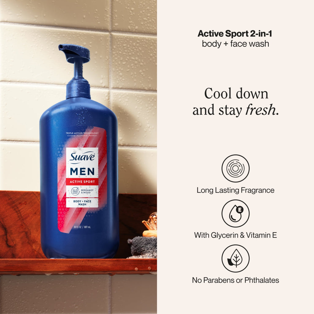 Suave Men Active Sport 2-in-1 Body & Face Wash with Glycerin & Vitamin E 30 fl oz