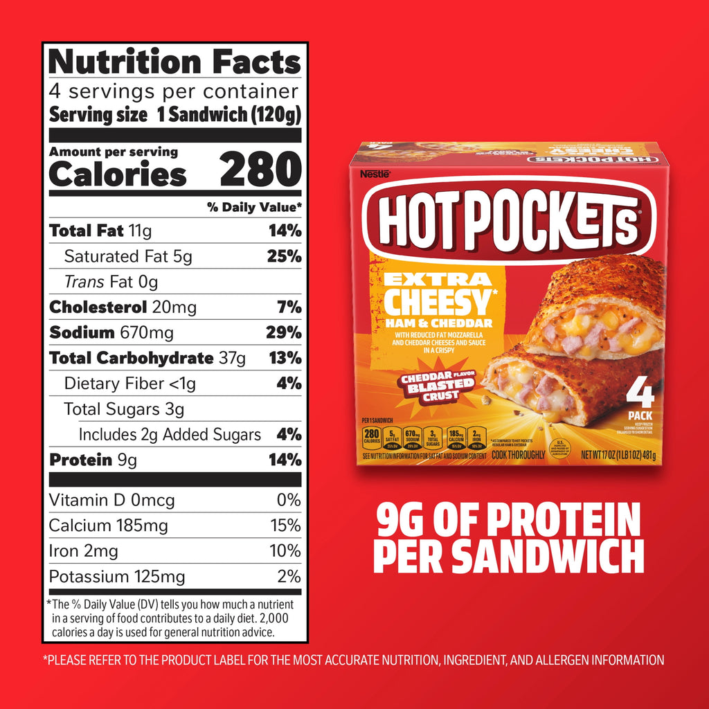 Hot Pockets Ham And Cheddar Extra Cheesy Frozen Sandwich 4 Pack 17 Oz