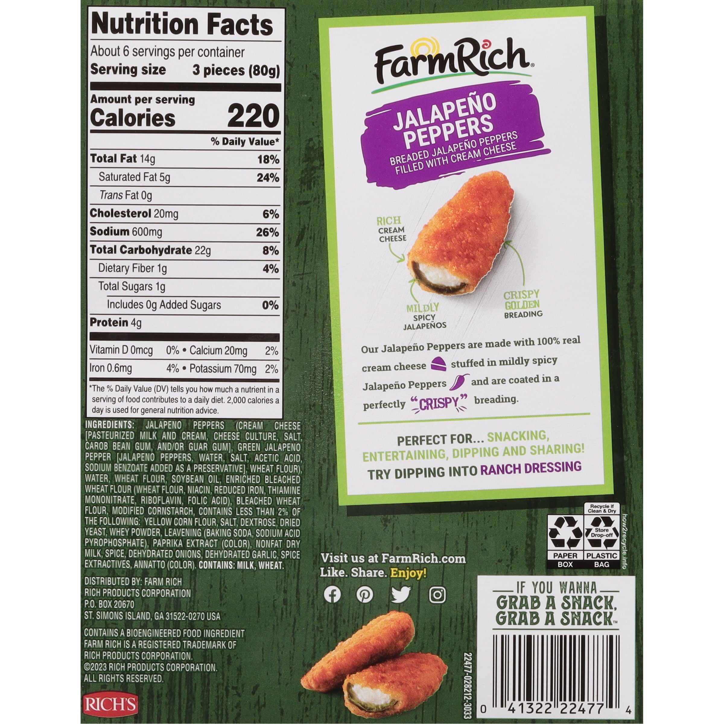 Farm Rich Breaded Jalapeno Peppers Stuffed with Cream Cheese Frozen 17 Oz