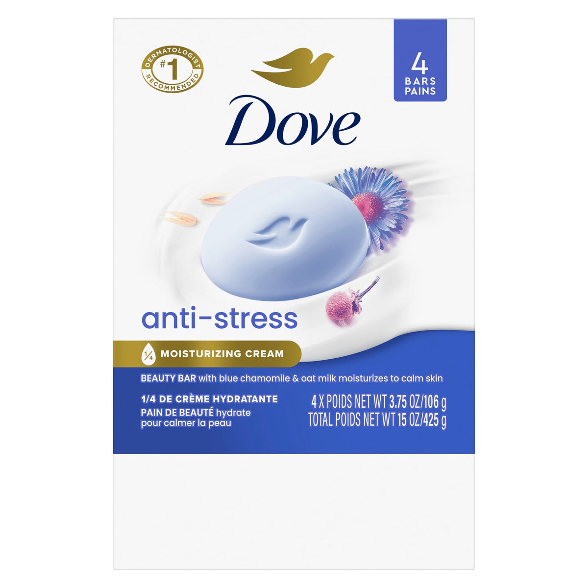 Dove Anti-Stress Beauty Bar Soap Blue Chamomile & Oat Milk Moisturizing Cleanser 3.75 oz 4 Bars