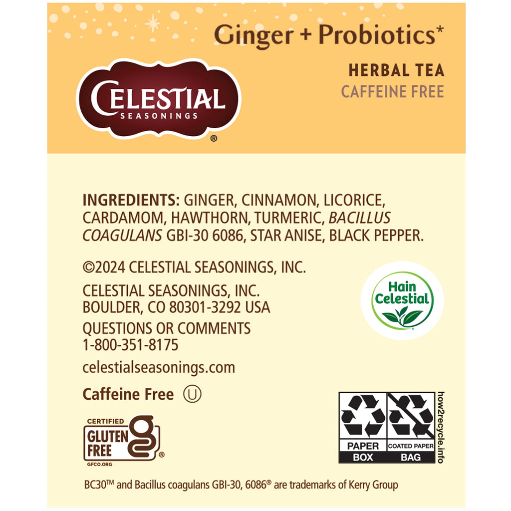 Celestial Seasonings Ginger Probiotics Caffeine-Free Herbal Tea Bags 0.85 oz 16 Count
