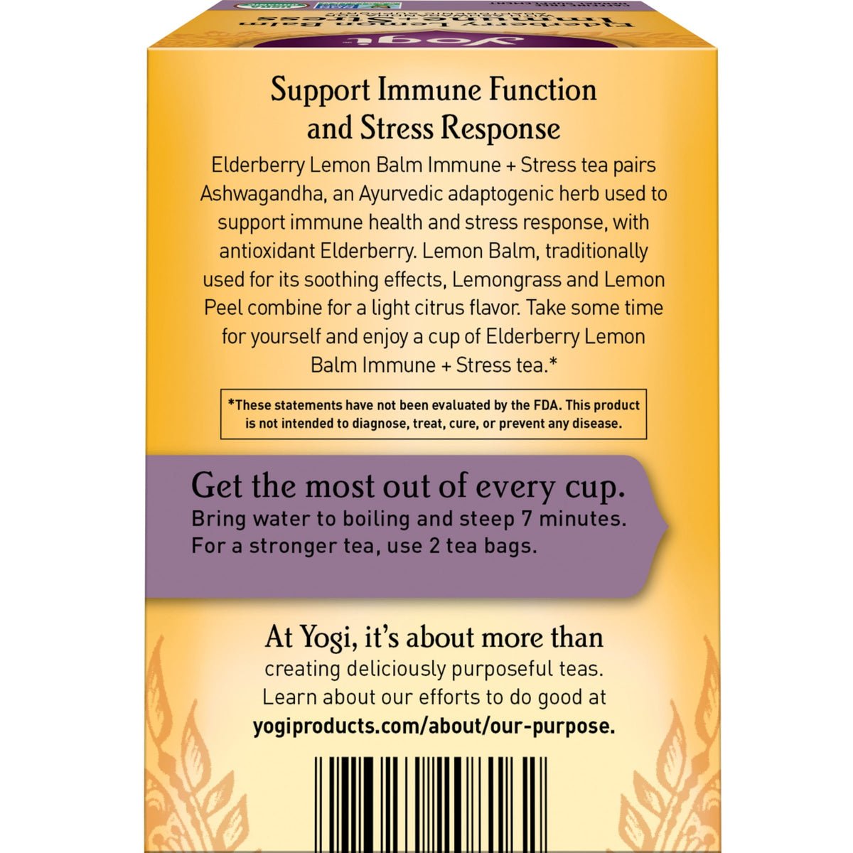 Yogi Elderberry Lemon Balm Immune Plus Stress Organic Herbal Wellness Tea Bags Caffeine-Free 16 Count