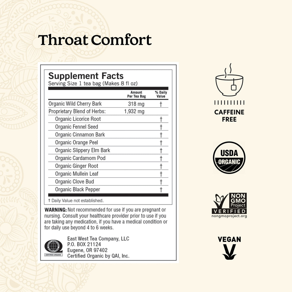 Yogi Throat Comfort Organic Herbal Wellness Tea Bags Caffeine-Free 16 Count
