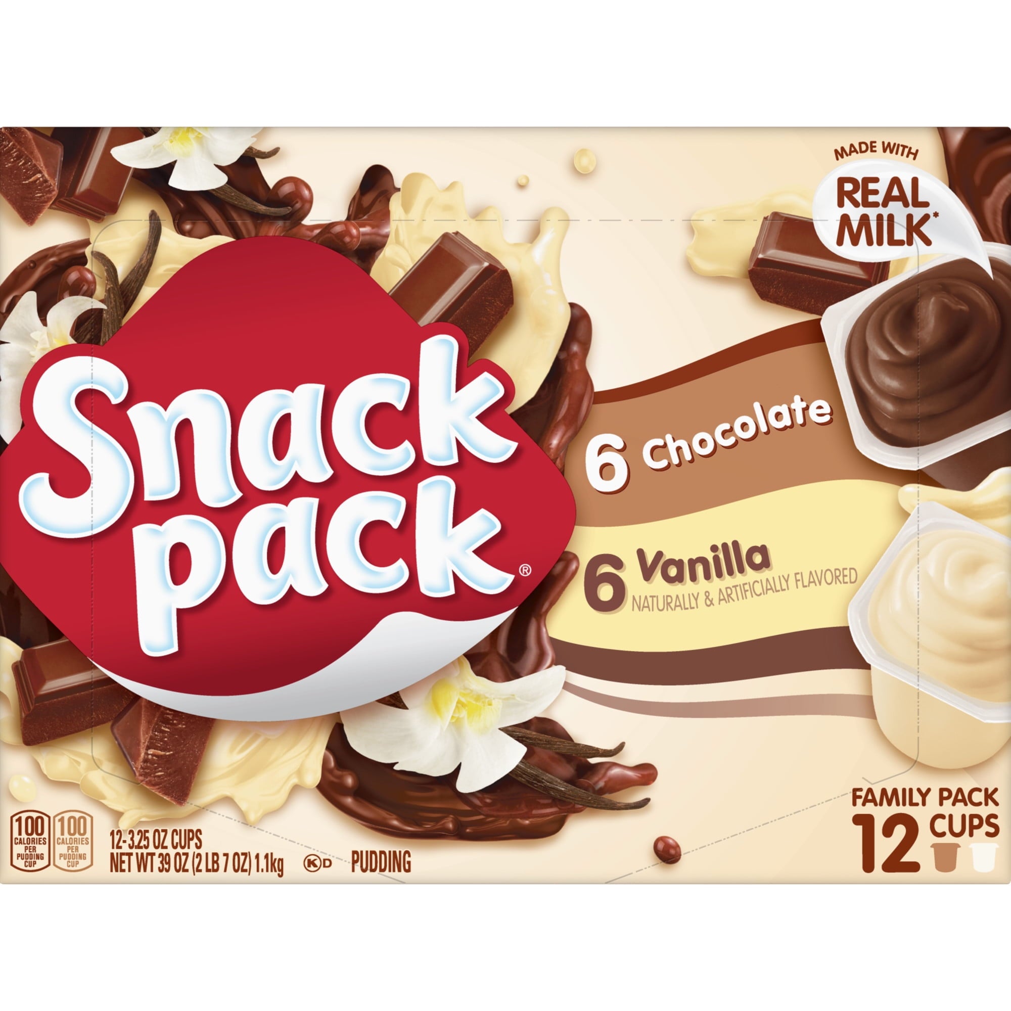 Chocolate and Vanilla Pudding Cups 3.25 Oz 12 Count Snack Pack