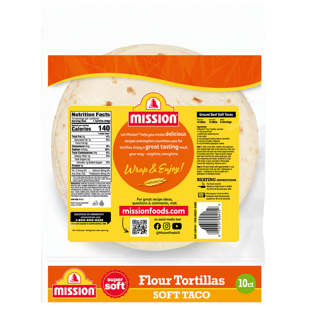 Super Soft Flour Tortillas Soft Taco Size 10 Count Mission