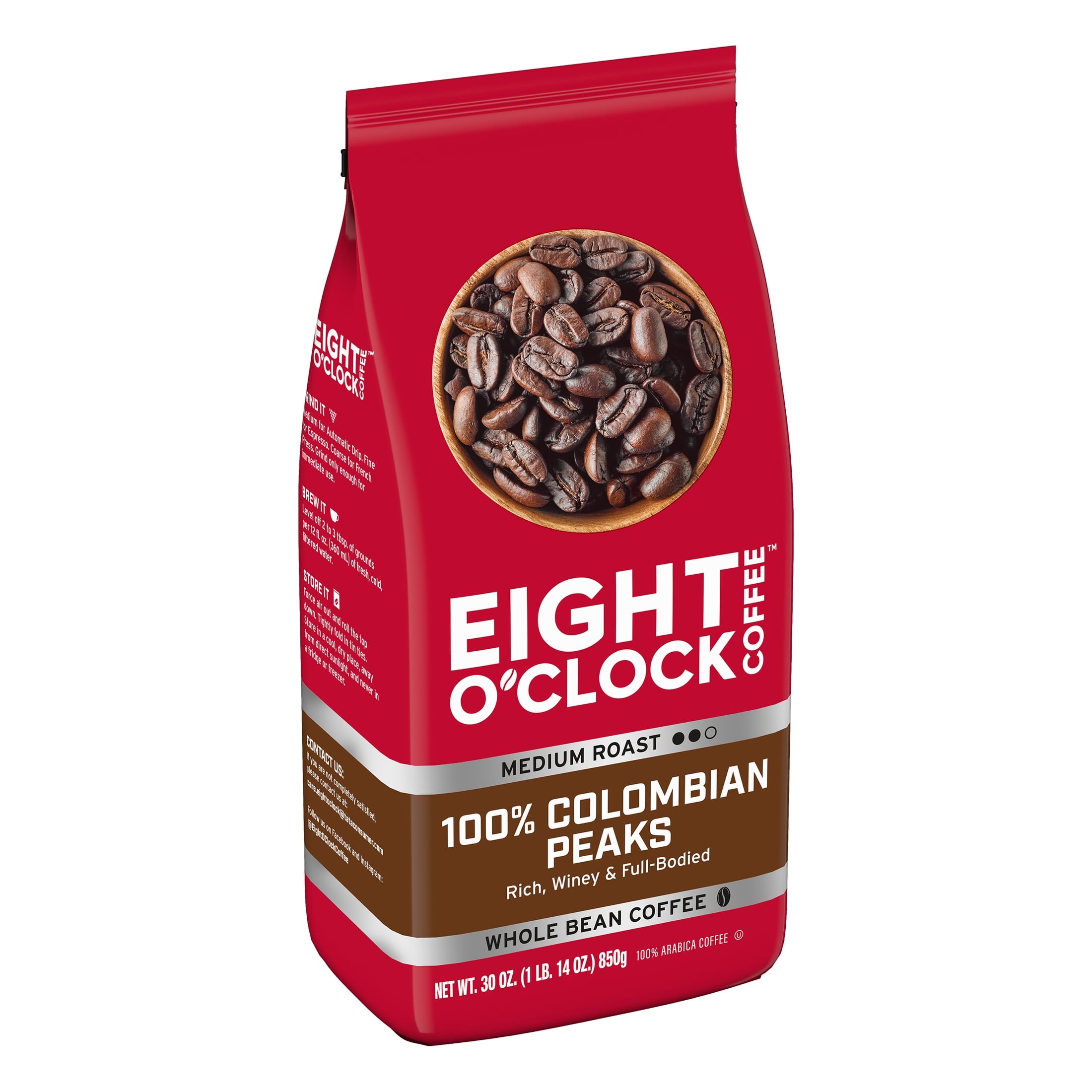 Eight O'Clock 100% Colombian Peaks Naturally Caffeinated Medium Roast Whole Bean Coffee 30 oz
