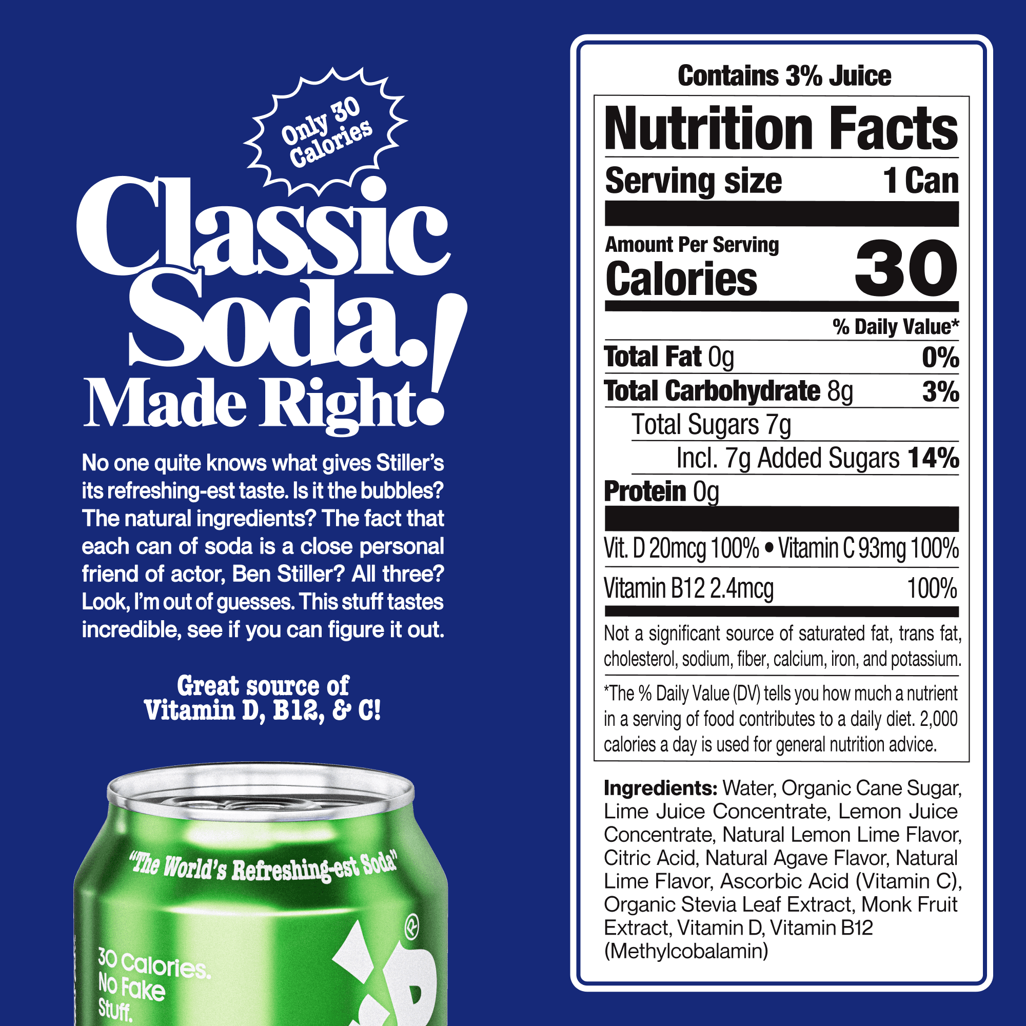 Stiller's Lemon Lime Natural Soda With Added Vitamins Low Sugar Can 12 Fl Oz