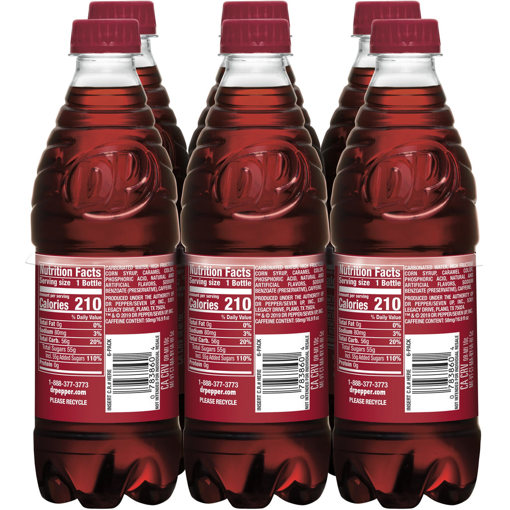 Dr Pepper Soda Pop Bottles 16.9 Fl Oz 6 Pack