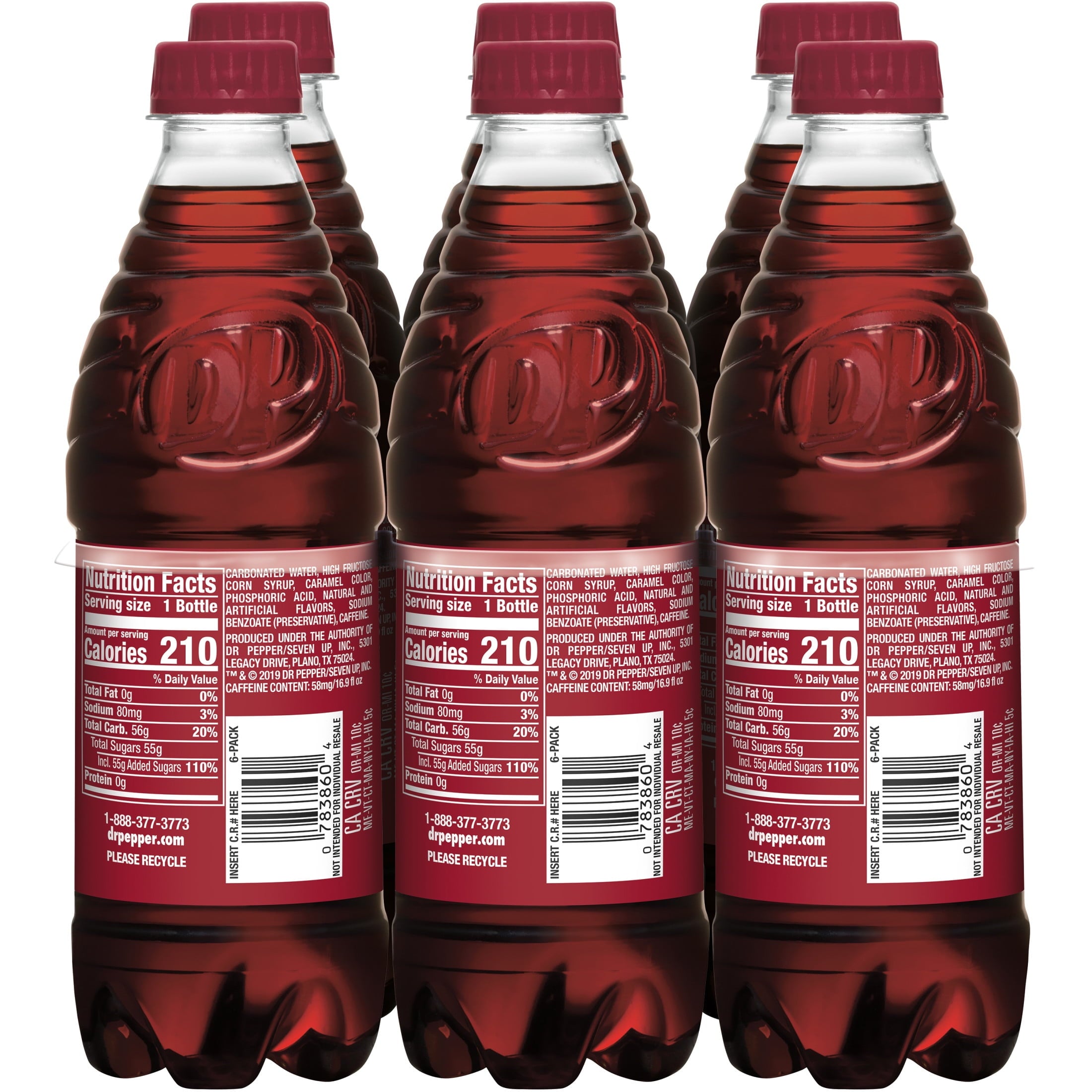 Dr Pepper Soda Pop Bottles 16.9 Fl Oz 6 Pack