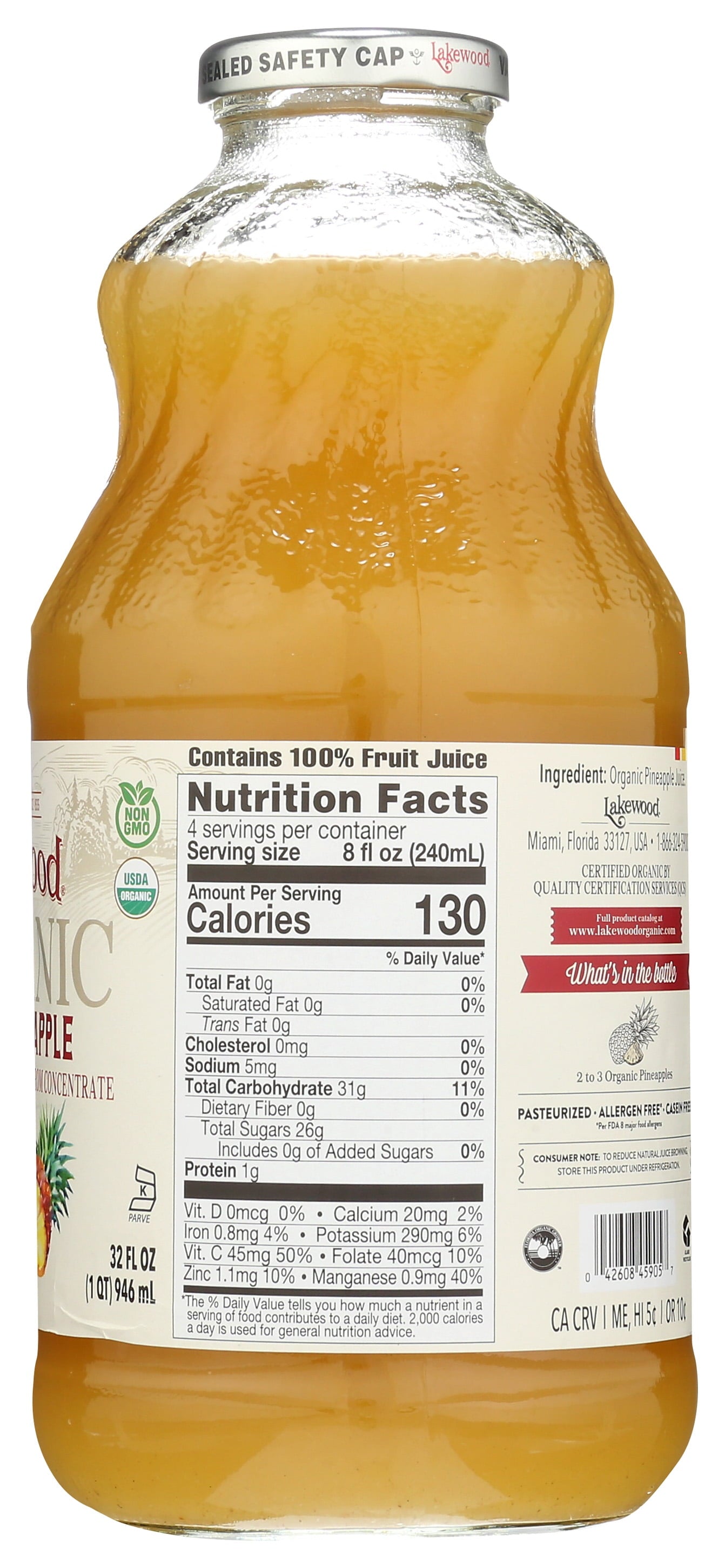 Lakewood Organic Pure Pineapple Juice Not From Concentrate 32 fl oz Bottle