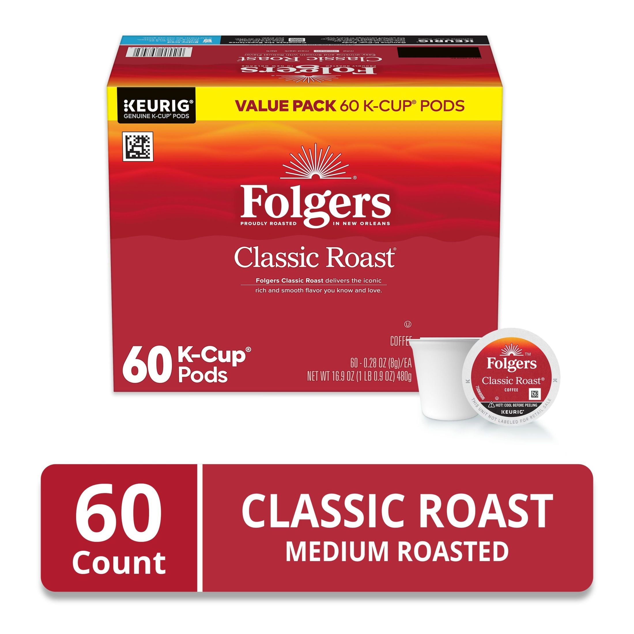 Folgers Classic Roast Medium Roast Coffee Keurig K-Cup Pods 60 Count Box